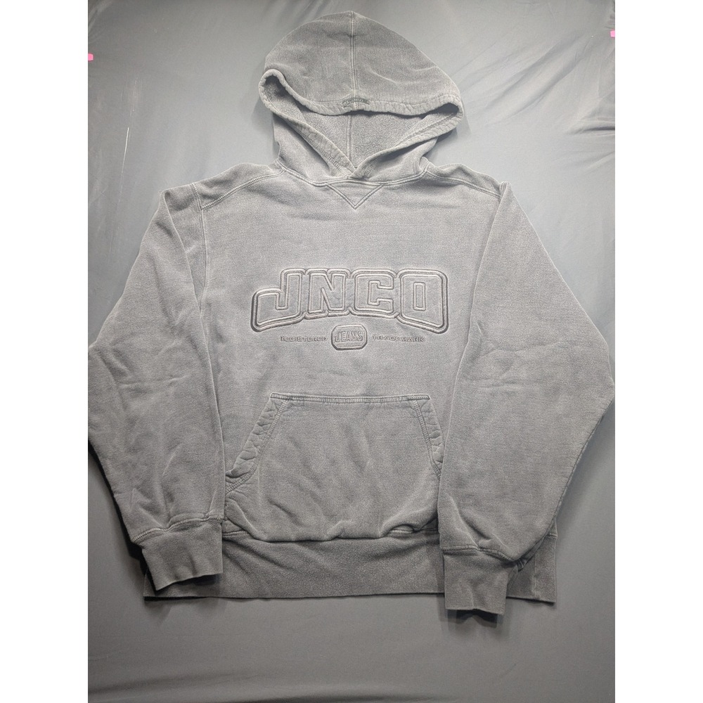 Vintage JNCO Jeans Hoodie Mens Medium Grey Pigment Dye Embossed Logo USA Made
